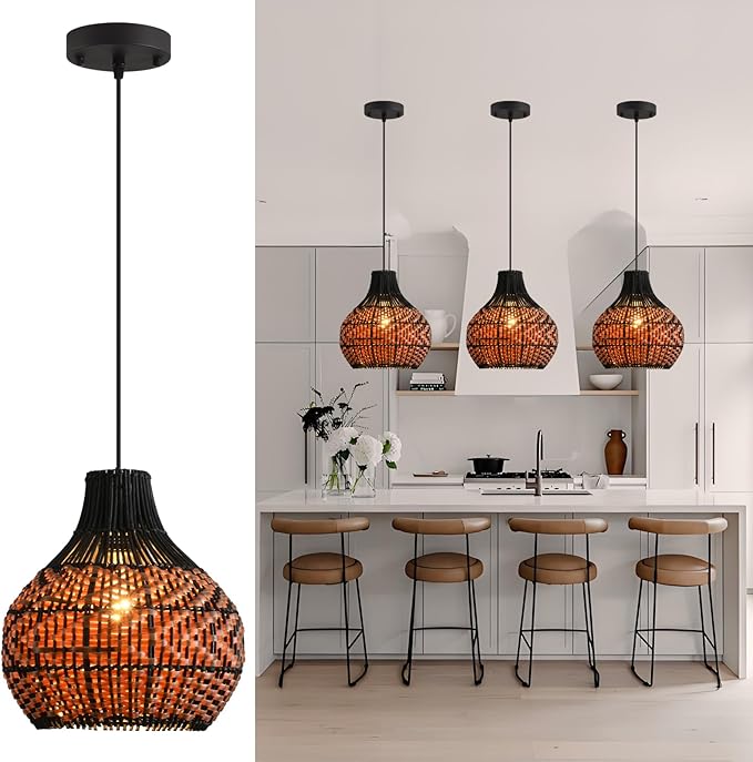 3-Pack Rattan Pendant Light,11" Hand-Woven Black Brown Faux Rattan Hanging Light Boho Wicker Basket Chandelier,for Living Room Bedroom Kitchen Dining Farmhouse