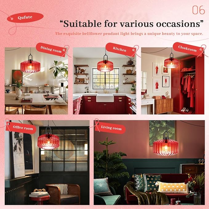 Hanging Plug in Light Mid Century Pendant Light with 11" Red Striped Glass Globe Shade Plug in Pendant Lights for Ceiling Bedroom Vintage Hanging Lamp with 14.7 ft Cord On/Off Switch