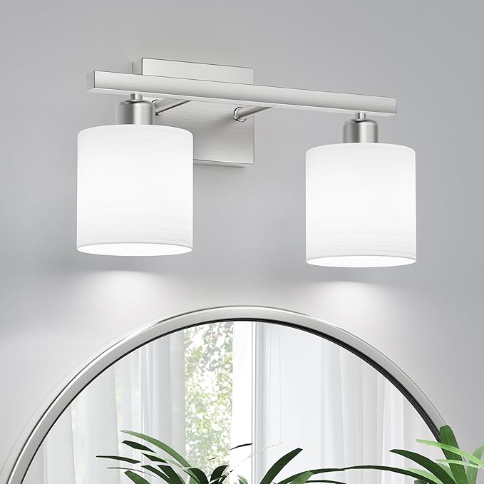 PARTPHONER Bathroom Light Fixtures, Bathroom Lighting Fixtures Over Mirror, Classic Vanity Lights, Modern Vanity Light with Textured Frosted Opal White Glass Shades, Brushed Nickel, 2-Light