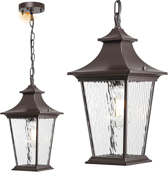 Outdoor Pendant Lights for Porch 16.5" Large Dusk to Dawn Outdoor Chandelier with Water Ripple Glass Oil Rubbed Bronze Modern Hanging Porch Light with Adjustable Chain E27 Socket