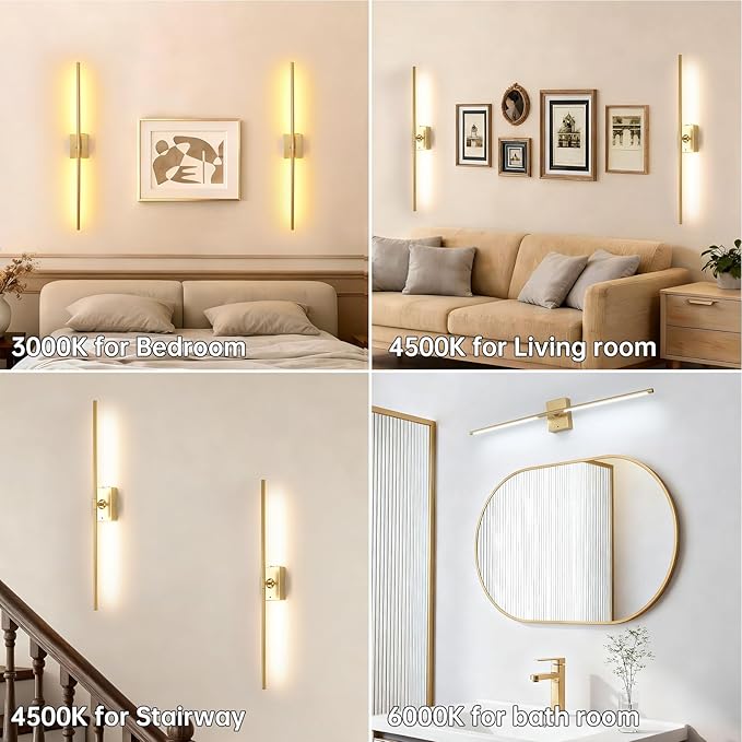 Shenmoyl Battery Operated Wall Sconce Set of 2, 10000mAh Rechargeable Wall Sconces with Detachable Battery, Indoor 350°Rotate Wall Lights for Bedroom Living Room, Gold, 31.5 Inch