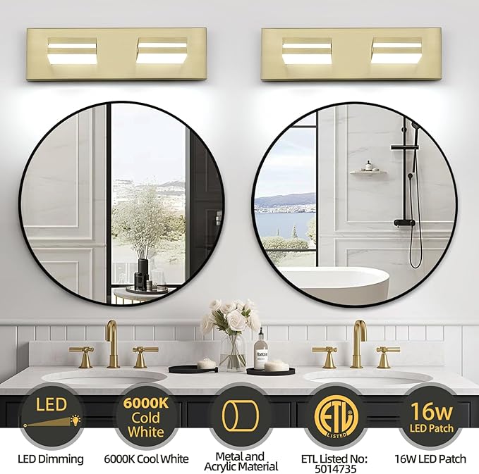 OKELI 2 Light Bathroom Vanity Light Gold Modern 16W LED Dimmable Vanity Light Over Mirror 350° Adjustable Lamp Head Cold White 6000K ETL Listed 15.5Inch