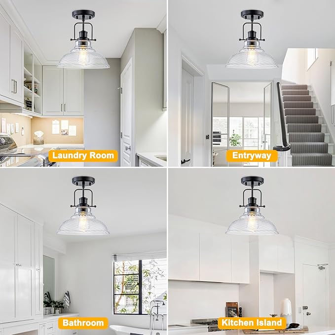 WILON Flush Mount Ceiling Light, Black Farmhouse Ceiling Light with Striped Clear Glass Shade, Light Fixtures for Dining Room Ceiling, Semi Flush Mount Ceiling Lights for Kitchen Entryway