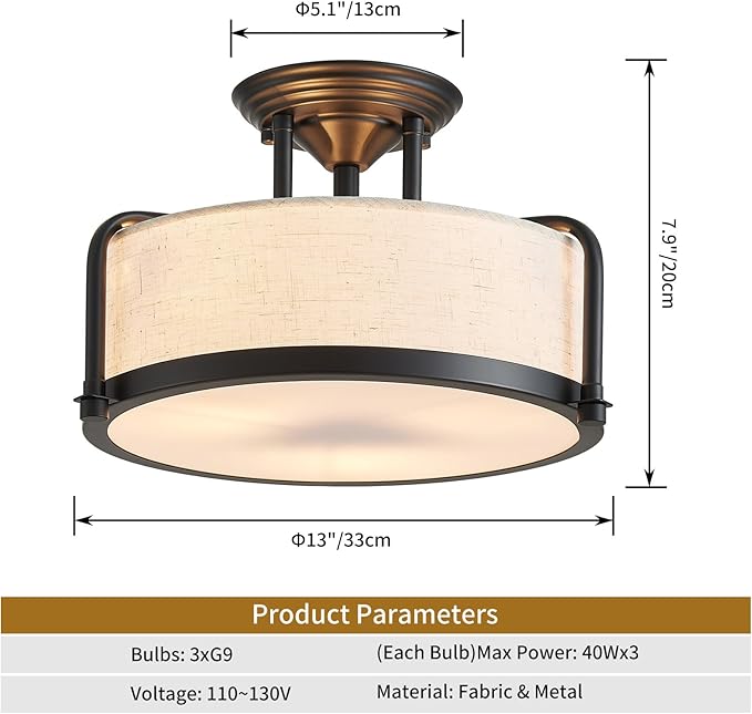 Modern Drum Ceiling Light, Semi-Flushmount Close to Ceiling Light Fixture for Living Room, Bedroom, Dining Room,Kitchen, D13 x 8 in, Linen Fabric Shade & Black Finish Metal Frame