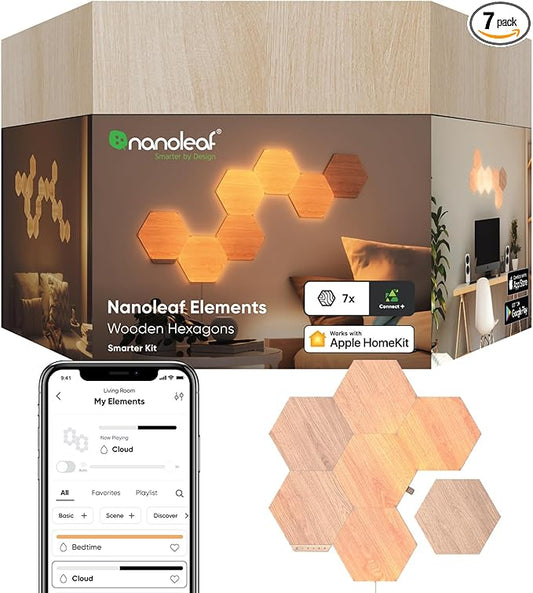 Nanoleaf Elements Wood Look Smart Wall Lights, Hexagon LED Wall Lights Compatible with Alexa Google Assistant, Home Wall Decor for Living Room with Music Sync, Touch Control, Ambient Lighting, 7 PK