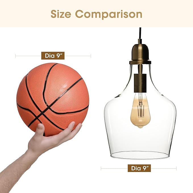 INK+IVY Auburn Pendant Lighting for Dining Room, Industrial Kitchen Lights, Hand-blown Glass Bell Shaped Pendant Light for Kitchen Island, Foyer, Bedroom, 9" Dia x 95.5" H, Gold/Clear