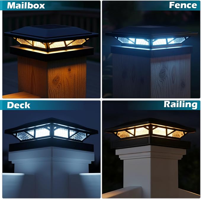 SIEDiNLAR Solar Post Cap Light 2 Modes 12 Pack, 3.5x3.5 4x4 4.5x4.5 5x5 Wooden/Vinyl Posts, Waterproof Outdoor Lighting for Fence Deck Patio Garden Decor, White/Warm (Black)