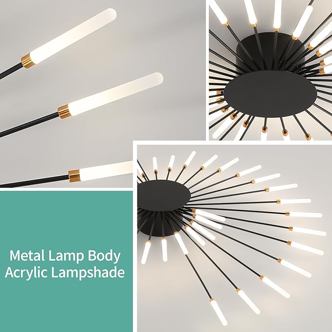 ziidoo Modern Ceiling Light, 42 Lights Metal Firework Designed Chic Led Lighting Fixture for Farmhouse Kitchen Dining Room Bedroom Hallway Living Room (Black)