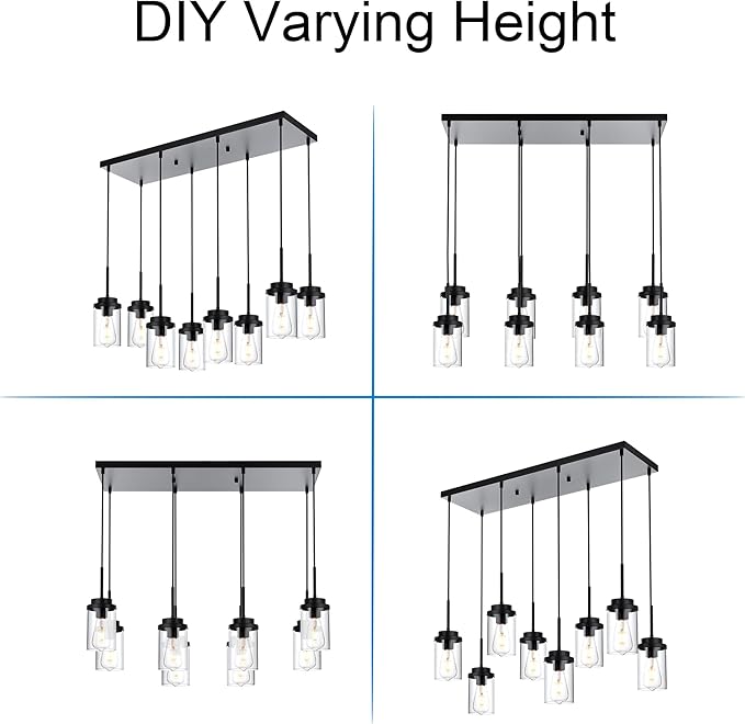 MELUCEE 8 Lights Linear Chandelier Lighting Black Island Light for Kitchen, 31.5 Inches Cluster Pendant Light Fixtures Hanging Foyer Lighting Dining Room Lights with Clear Glass Shade