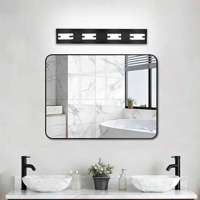 LED Bathroom Light Fixtures, 4-Light Modern Vanity Lights with Milky White Frosted Acrylic Shades, Matte Black Bathroom Lighting Fixtures Over Mirror, ETL Listed, 27W 5CCT Adjustable