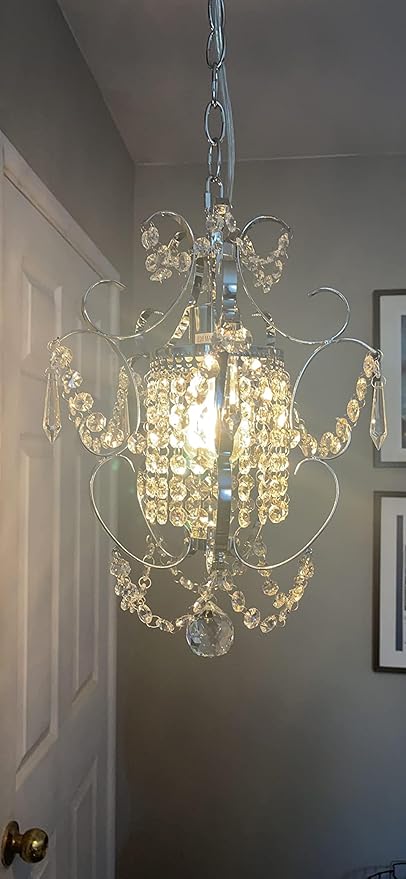 Plug in Chandelier Hanging Light Fixture with 14.27 Ft Hanging Cord and On/Off Switch,Mini Chrome Crystal Chandelier Light Fixture for Bedroom,Girls Room,Bathroom