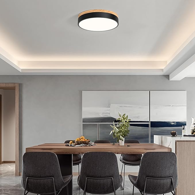 Yiisem Dimmable Wood LED Flush Mount Ceiling Light, 5CCT 2700K-6000K Modern Black Close to Ceiling Lighting Fixtures, Minimalist Round Ceiling Lamp for Bedroom, Kitchen, Hallway, Laundry Room