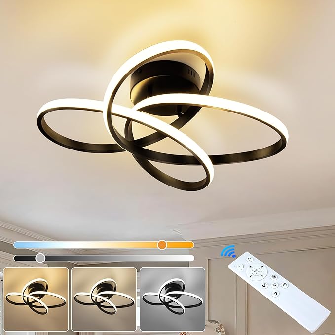 Modern LED Chandelier, 50W LED Ceiling Light with Remote Control, 3000-6000K Color Temperature Changing, Black Chandelier for Bedroom, Entryway, Hallway, Kitchen