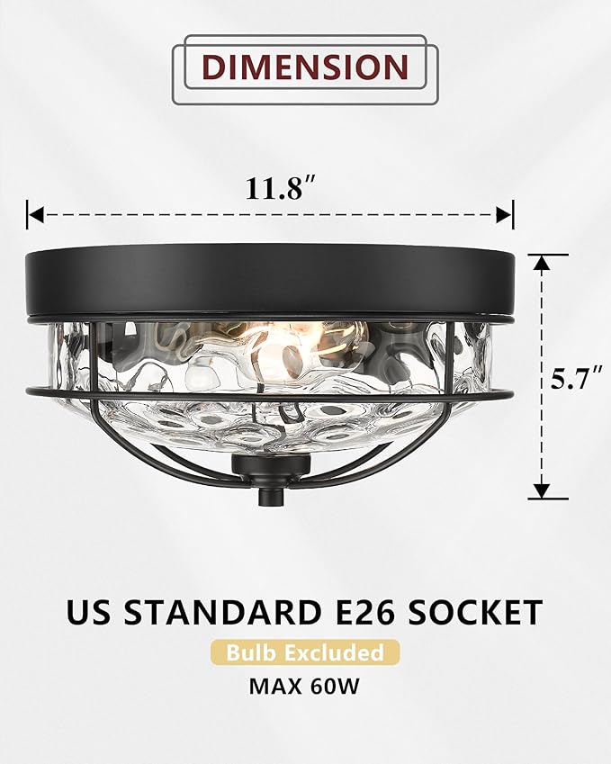 Black Flush Mount Ceiling Light, HWH 12 inch 2-Light Farmhouse Close to Ceiling Light Fixture in Matte Black Finish with Water Ripple Hammered Glass, Kitchen Bedroom Laundry Foyer, 5HTJ7WG-F BK