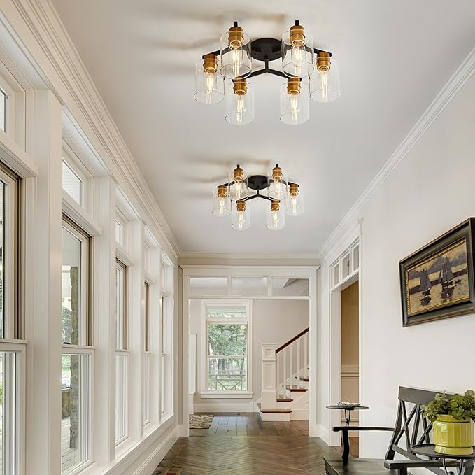 Black and Gold Semi Flush Mount Ceiling Light, 6 Light Vintage Kitchen Ceiling Lighting Fixtures, Large Ceiling Light Fixtures with Clear Glass Shade for Hallway, Living Room, Bedroom, Farmhouse