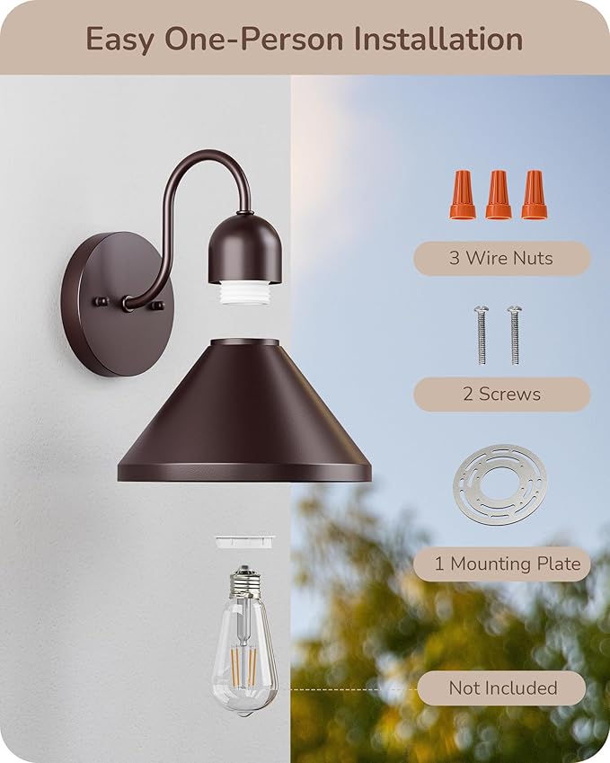 EDISHINE 2 Pack Gooseneck Barn Light, 8IN Outdoor Wall Light Fixture, Farmhouse Outside Wall Sconce, Brown Wall Mount Lantern for Porch, Entryway, Garage