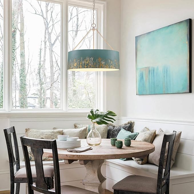 24" Blue Drum Chandelier,6-Light Modern Vintage Pendant Lights with Hand-Brushed Gold Finish,Adjustable Hanging Light Fixture for Dining Room,Kitchen Island,Living Room,Entryway