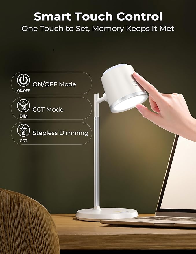 Modular LED Desk Lamp for Home Office, Eye-Caring Table Lamp Dimmable Rechargeable with 360°Adjustable Head, 3 Color Temperatures & Stepless Brightness, Touch Control & Memory, Multi-Scene Use, White