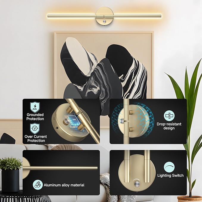 Battery Operated Wall Sconce,Wireless Wall Lights with Remote, 360°DIY Rotatable RGB Lamp with Timer, 3000K-6500K LED Dimmable Wall Decor for Vanity, Living Room, Hallway Gold