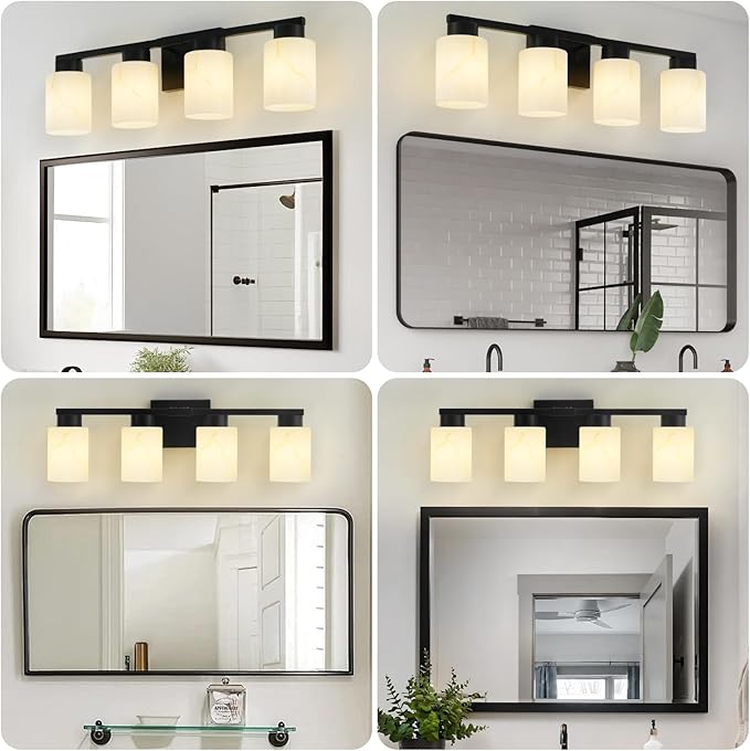 4-Light Bathroom Light Fixtures, Modern Vanity Lights, Black Metal Wall Lamp with White Marble Glass for Bathroom, Mirror, Living Room, Bedroom, Cabinet, Porch, Hallway, E26 Base