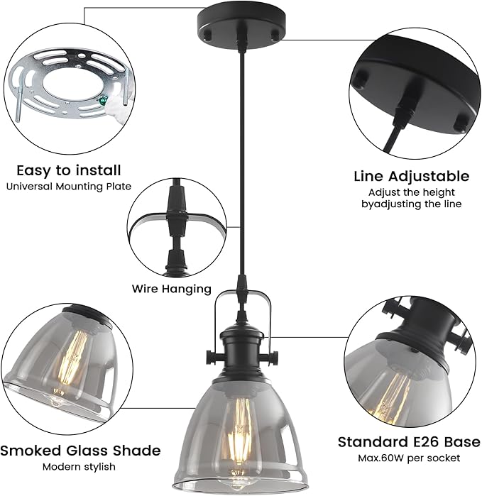 Black Pendant Lights Kitchen Island 2 Pack, 6.5" Modern Farmhouse Smoked Glass Pendant Light, Island Lights for Kitchen, Mini Pendant Lighting for Kitchen Island Dining Room