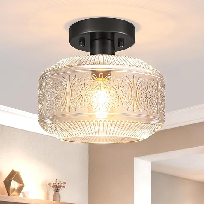 DSMJFU Semi Flush Mount Ceiling Light, Vintage Small Ceiling Light Fixture, Thickened Glass Hallway Lighting Fixture, Black Kitchen Ceiling Mount Light for Entry Way, Bedroom, Bathroom, Porch