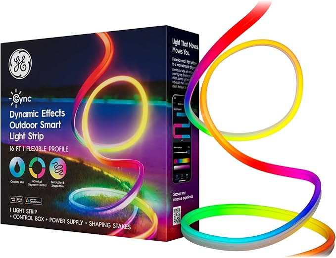 Cync GE Dynamic Effects Smart LED Light Strip with Music Sync, Color Changing Outdoor Light Strip, Compatible with Alexa and Google Home, 16ft Waterproof Light + Power Supply
