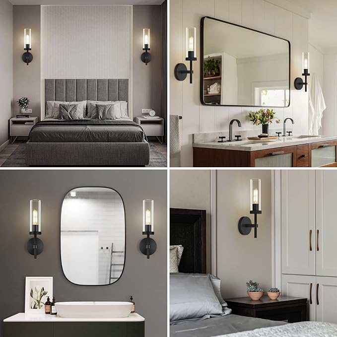 Black Wall Sconces Bathroom Vanity Wall Sconce, Glass Tube Wall Sconces 14", Sconces Wall Lighting Indoor, Wall Lights for Mirror, Living Room, Bedroom, Hallway (Including Bulb)