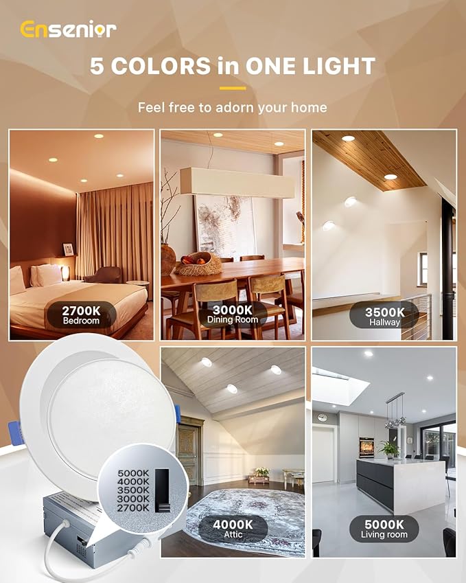 Ensenior 4 Pack 6 inch Gimbal Led Recessed Lighting, 90° Rotatable and 5CCT Selectable, Dimmable Eyeball Recessed Lights, Angled Adjustable Ceiling Downlight, 1200LM, 12W=115W-ETL&FCC Certified
