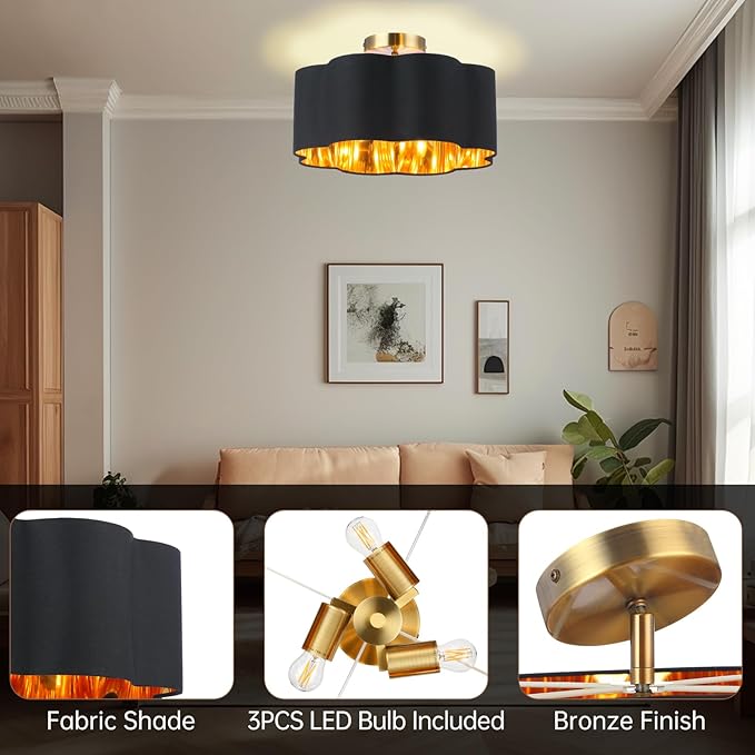 Newrays 3-Light Semi Flush Mount Ceiling Light Fixture, Fabric Shade Modern Close to Ceiling Lamp for Nursery Kids Room Bedroom Kitchen Hallway Entryway with 3PCS LED Bulbs (Black)