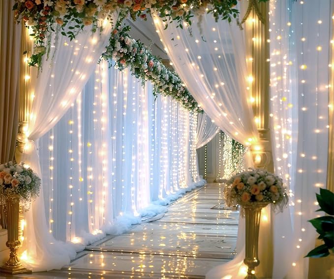 20ft X 8ft White Tulle Wedding Backdrop Curtains with Lights String 4 Panels White Sheer Backdrop Curtains for Parties Bridal Shower Baby Shower Birthday Christmas Photo Shoot Background Decorations