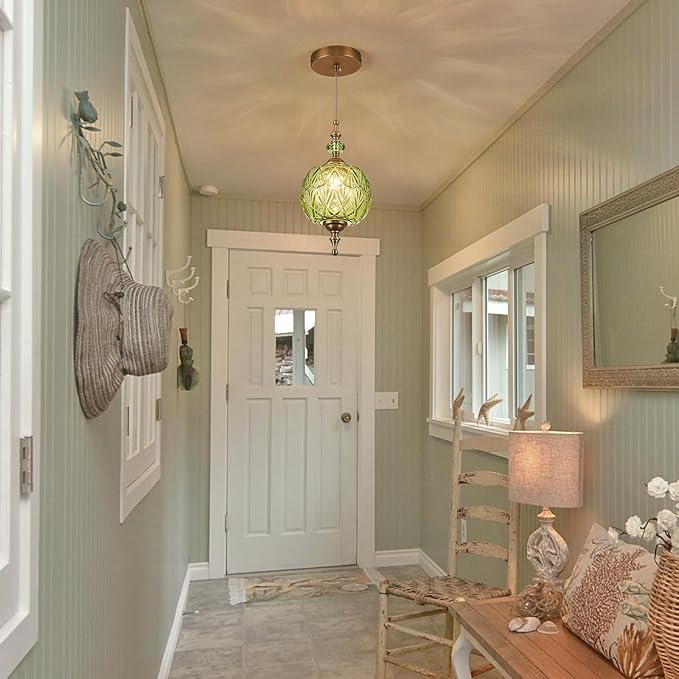 Antique Green Pendant Light Fixtures Vintage Kitchen Lighting Delicate Decorative Pattern 6.3 inches Glass Ceiling Pendant Lighting for Kitchen Island Dining Room with Original Vintage Design