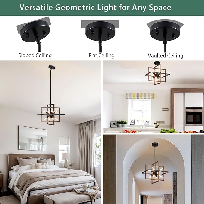 Black Farmhouse Chandelier Ceiling Light Fixtures, 8-Light Geometric Pendant Light Height Adjustable Faux-Walnut Grain Metal Lamp for Entryway, Foyer, Stairway, Hallway, Living Room