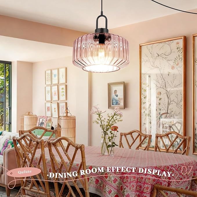 Modern Plug in Pendant Light Fixture Large Glass Hanging Lamp Pink Globe Shade Hanging Light Plug in Cord Mid Century Modern Pendant Lighting with 14.7 ft Cord for Kitchen Living Room