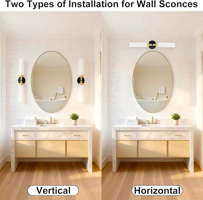 LaLuLa Black and Gold Vanity Light Fixtures – Modern Hardwired Wall Sconces with Milk Glass Shades, Textured Metal Bathroom Lighting for Over Mirror or Hallway, 25" Height
