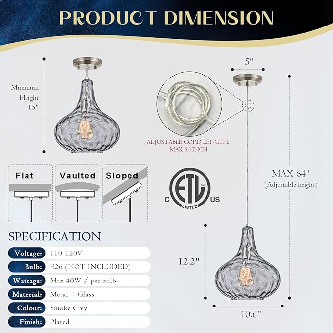 11" Smoked Hammered Glass Pendant Light – Modern Ceiling Hanging Fixture with Brushed Nickel Finish for Kitchen Island, Dining Room, Hallway, Entryway – E26 Base