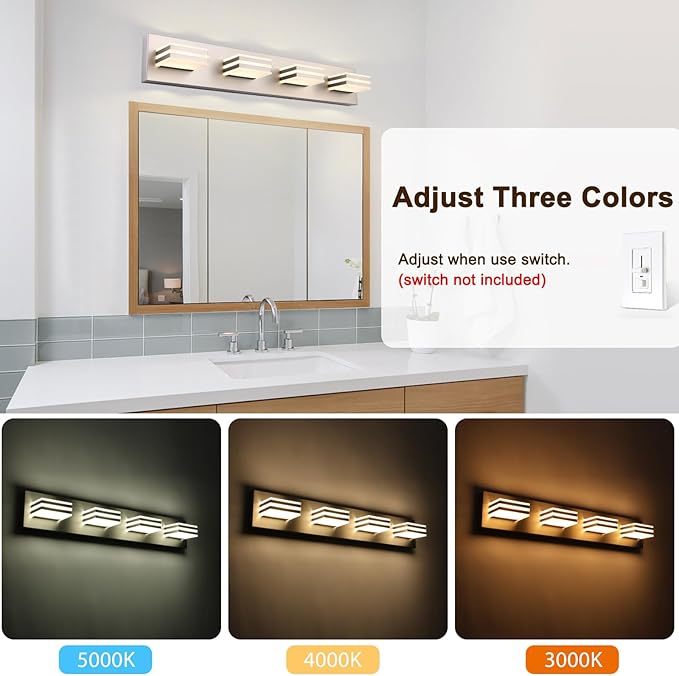 Brushed Nickel Vanity Lights for Bathroom Light Fixtures (3-Light, 20-Inch) Adjust 3 Colors Modern Bath Lighing Fixture Over Mirror LED Vanity Lighting