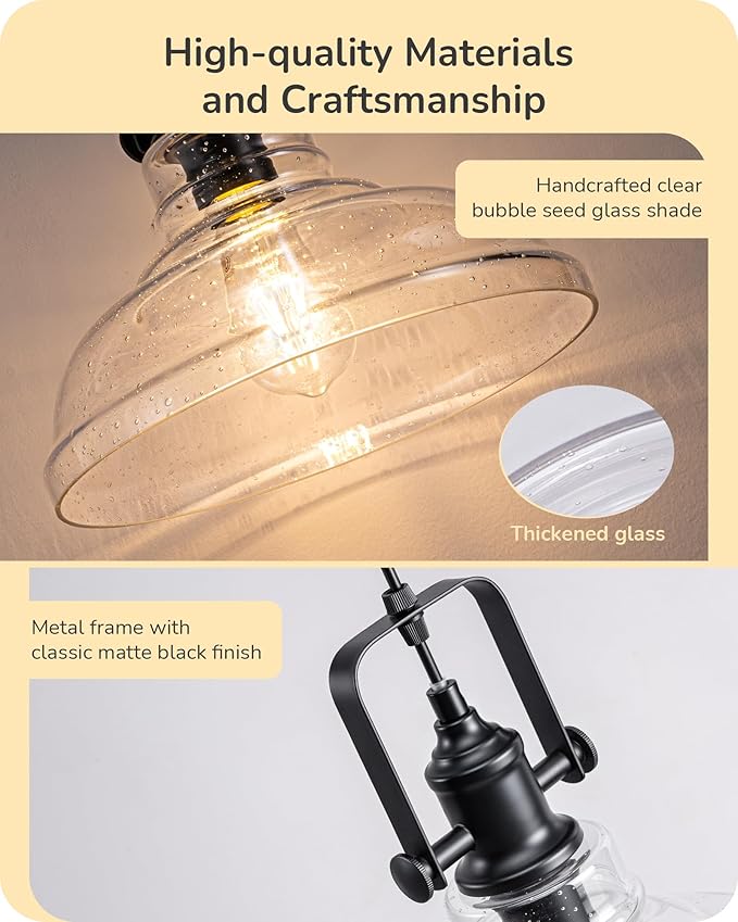 EDISHINE Farmhouse Pendant Lights Kitchen Island, Clear Seeded Glass Shade Hanging Light with Matte Black Finish, Modern Pendant Light Fixtures with Open Shade, Over Island Bar,E26 Base