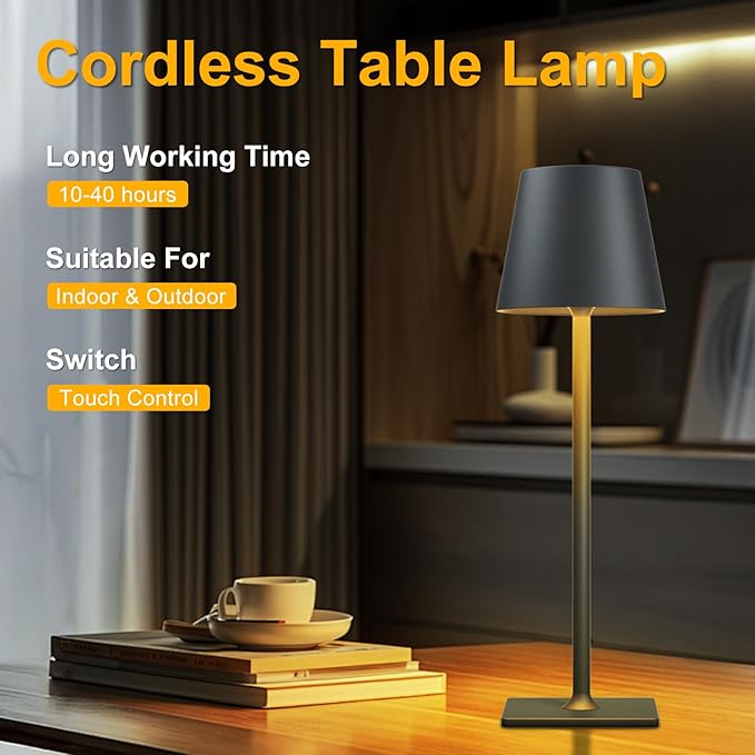 4 Pack Rechargeable Table Lamp - Cordless LED Lamp with 6000mAh Battery Operated LED Desk Lamp, Portable Table Light Outdoor for Dinner Patio Restaurant Bar Bedroom Coffee Shop Night Light(Black)