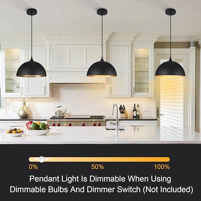 3 Pack Black Pendant Lights Kitchen Island 11.8" Modern Dome Pendant Light Fixtures Farmhouse Hanging Ceiling Light Fixture for Dining Room Foyer Hallway Bar Cafe Sink