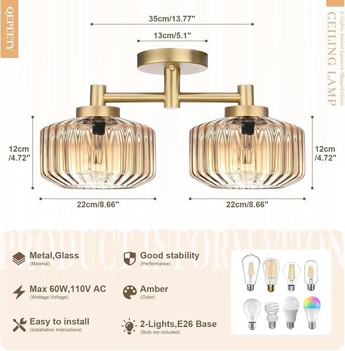 Semi-Flush Mount Ceiling Light Fixture, 2-Light Vintage Chandelier with Amber Glass Shades and Gold Frame, Mid-Century Modern Ceiling Lamp for Kitchen Island, Dining Room, Bedroom