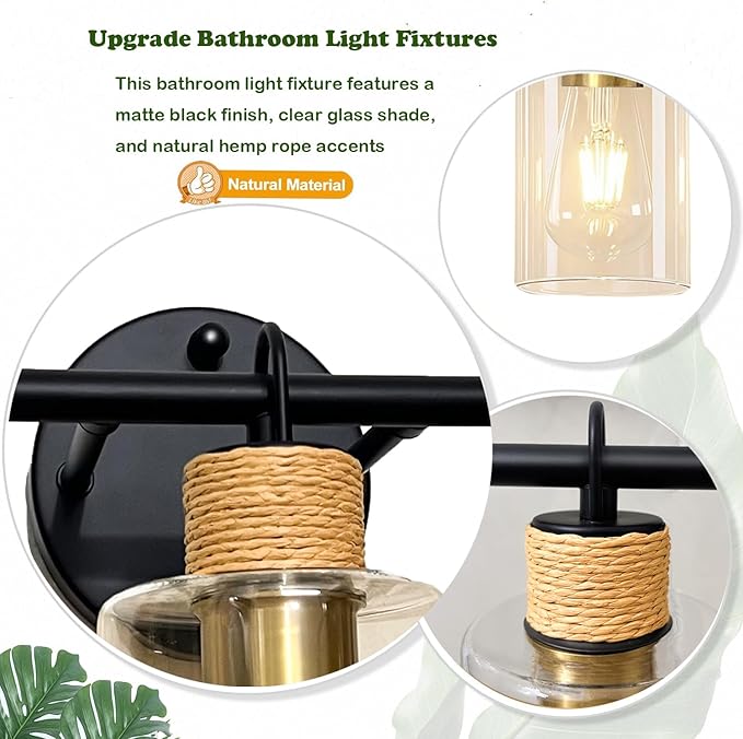 Bathroom Light Fixtures,3-Light Matte Black Vanity Light with Clear Glass Shade,Farmhouse Bathroom Lighting Fixtures Over Mirror,Wall Sconces for Bedroom Kitchen Cabinet Living Room Hallway