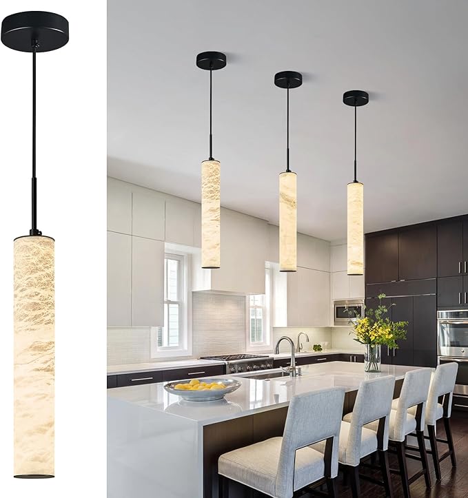 LMQNINE Natural Alabaster Pendant Lights for Kitchen Island White Marble Long Tube Chandelier 4000K Modern Black Ceiling Light Fixtures for Bedroom Dining Room Table Living Room Hallway(M-3Pack)