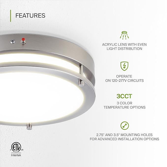 ASD LED 14" Round Flush Mount Lighting, Close to Ceiling Light Fixture | 3CCT, Dimmable, Battery Backup, ETL Listed | 21W 1854LM 3000-5000K 100-277V | Low Profile Double Ring Lamp | Nickel, 4 Pack