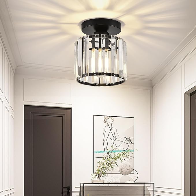 Semi Flush Mount Ceiling Light, Crystal Ceiling Light Black Crystal Chandelier for Kitchen Hallway Entrance Balcony Dining Rooms Living Rooms