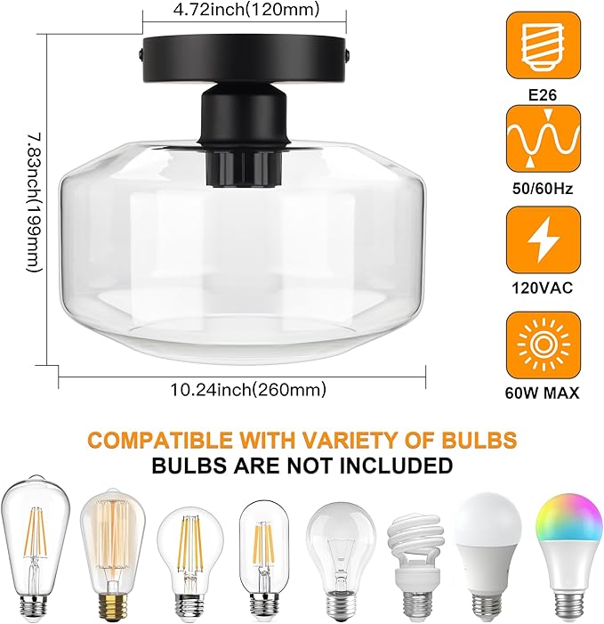 MAXvolador Industrial Semi Flush Mount Ceiling Light Extra Large, Clear Glass Pendant Lamp Shade, Vintage Hanging Light Fixtures, Lighting for Hallway