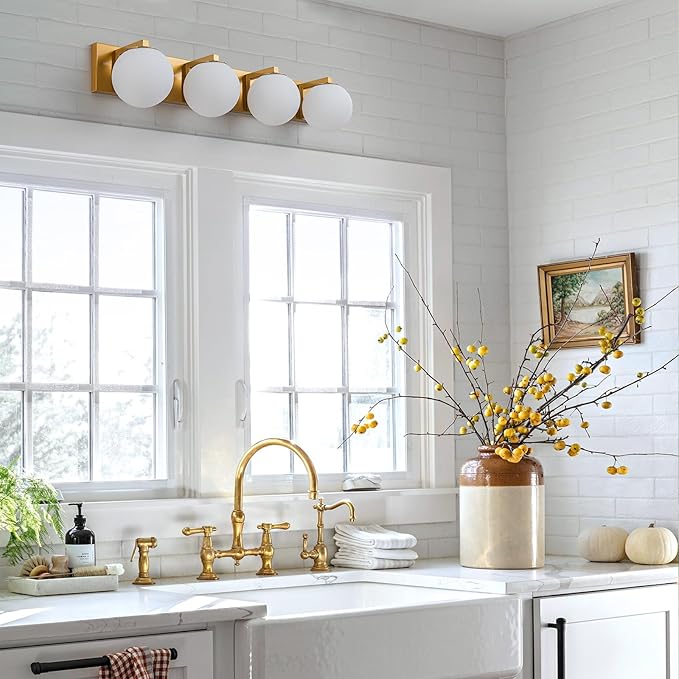 Lingkai Gold Bathroom Light Fixtures,4-Light Bathroom Vanity Light Over Mirror,Mid Century Modern Vanity Lighting Fixtures with Milky White Glass Globe Shades,33 Inch Wall Sconce Lamp