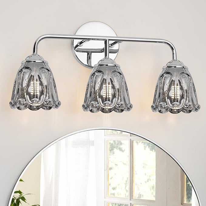 Daunton Vintage 3 Light Vanity Light, Chrome Bathroom Vanity Light, Bathroom Light Fixtures with Smokegray Glass Shade, Antique Vanity Light Fixtures Over Mirror, Wall Sconce for Bedroom, Living Room