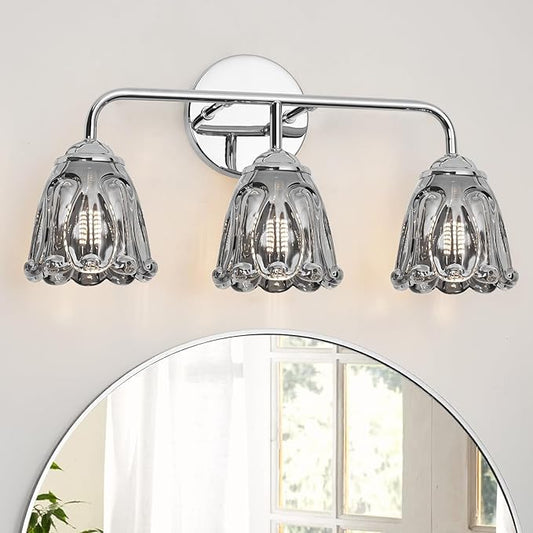 Daunton Vintage 3 Light Vanity Light, Chrome Bathroom Vanity Light, Bathroom Light Fixtures with Smokegray Glass Shade, Antique Vanity Light Fixtures Over Mirror, Wall Sconce for Bedroom, Living Room