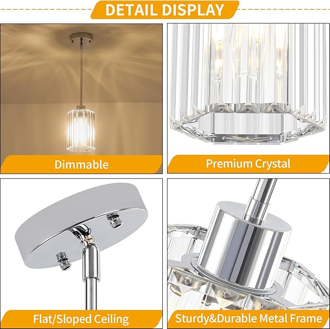 3-Pack Chrome Pendant Lights Kitchen Island Modern Crystal Hanging Pendant Light Hexagonal Mini Chandelier Adjustable Hanging Kitchen Lights for Dining Room Hallway Bedroom Entryway Light Fixture